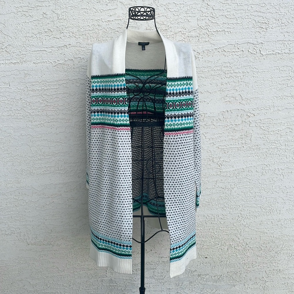 Talbots Soft & Cozy Cream Multicolored Patterned Stripes Open Front Cardigan